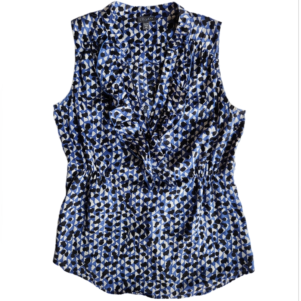 Lilla P Sleeveless Ruffle V Neck Top | Blue, Black, White | Women's Size XS